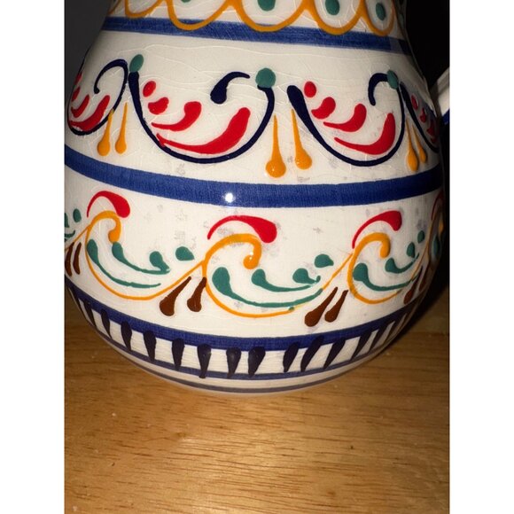 Handpainted Ceramic Pitcher Colorful Bold Vibrant 6" Blue Rim Handle Vase Spain - Picture 5 of 8